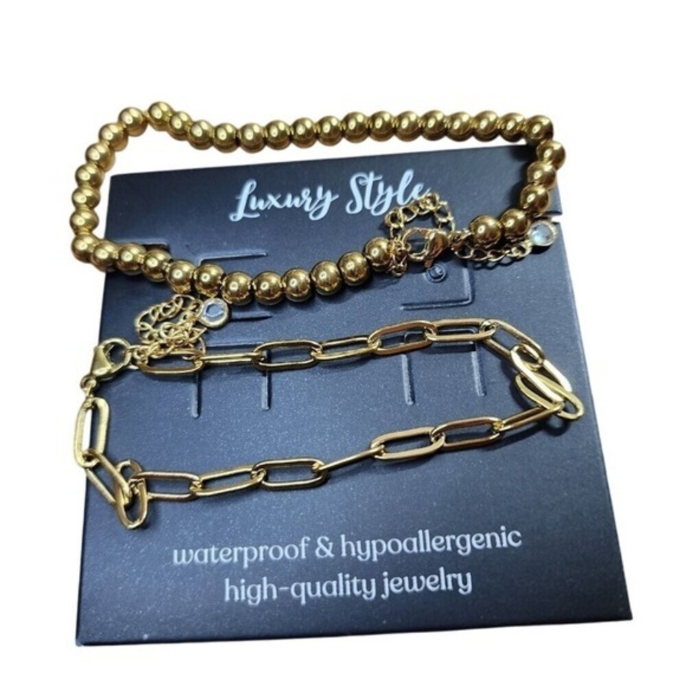 18K Gold Plated Stainless Steel Paperclip & Beaded Bracelet Set 2pc - Picture 3 of 5